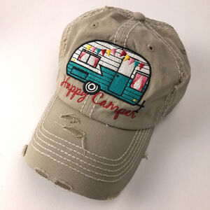 Happy Camper factory distress hat beige retro tow behind rv